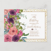 Burgundy Pink Floral Gold Glitter 60e verjaardag Uitnodiging Briefkaart (Voorkant)