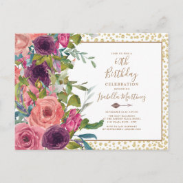 Burgundy Pink Floral Gold Glitter 60e verjaardag Uitnodiging Briefkaart