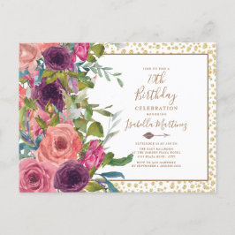 Burgundy Pink Floral Gold Glitter 70th Birthday Uitnodiging Briefkaart