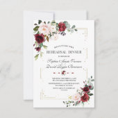 Burgundy Pink Floral Gold Glitter Rehearings Dinne Kaart (Voorkant)