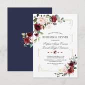 Burgundy Pink Floral Gold Glitter Rehearings Dinne Kaart (Voorkant / Achterkant)