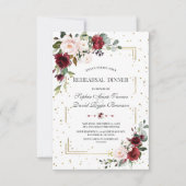 Burgundy Pink Floral Gold Glitter Rehearings Dinne Kaart (Voorkant)