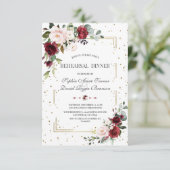 Burgundy Pink Floral Gold Glitter Rehearings Dinne Kaart (Staand voorkant)