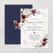 Burgundy Pink Floral Gold Glitter Rehearings Dinne Kaart (Voorkant / Achterkant)