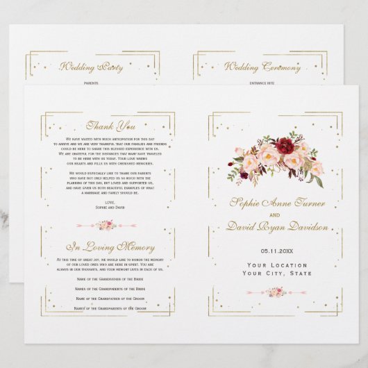 Burgundy Pink Floral Gold Glitter Wedding Programm (Voorkant / Achterkant)