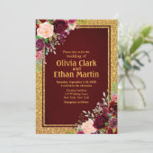 Burgundy Pink Floral Gold Lijst Kaart (Staand voorkant)