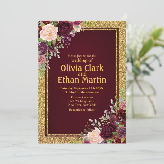 Burgundy Pink Floral Gold Lijst Kaart (Staand voorkant)