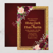 Burgundy Pink Floral Gold Lijst Kaart (Voorkant / Achterkant)