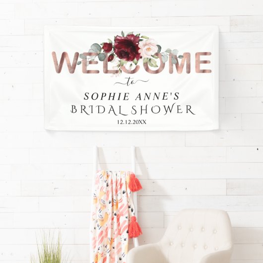 Burgundy Pink Floral Gold Welcome Vrijgezellenfees Spandoek (Insitu)