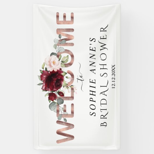 Burgundy Pink Floral Gold Welcome Vrijgezellenfees Spandoek (Verticaal)
