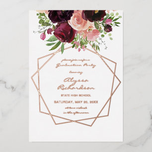Burgundy & Pink Floral & Lijst Graduation Party FL Folie Uitnodiging