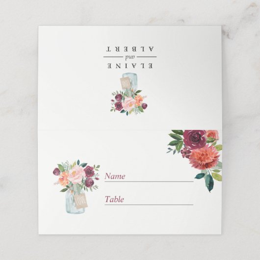 Burgundy Pink Floral Mason Jar Wedding Place Card Plaatskaartje (Buitenkant ongevouwen)
