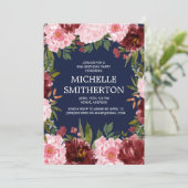 Burgundy Pink Floral Navy Blue 90th Birthday Kaart (Staand voorkant)
