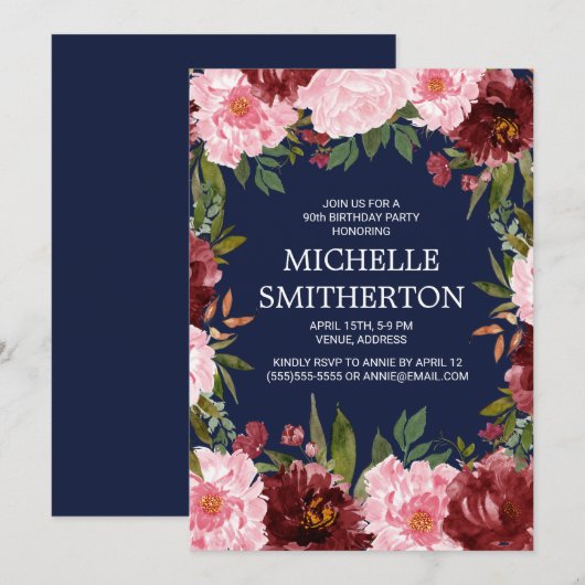 Burgundy Pink Floral Navy Blue 90th Birthday Kaart (Voorkant / Achterkant)