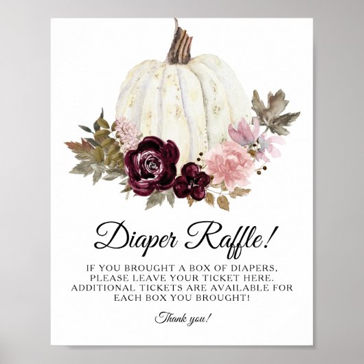 Burgundy Pink Floral Pumpkin Diaper Raffle Sign Poster (Voorkant)