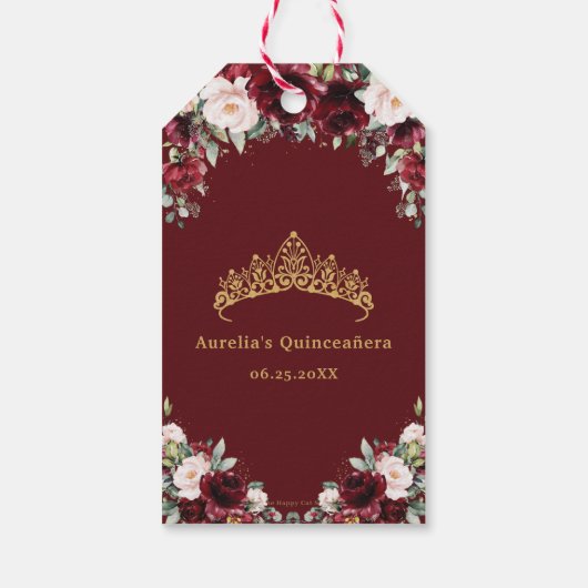 Burgundy Pink Floral Quinceanera Favor Cadeaulabel (Achterkant)