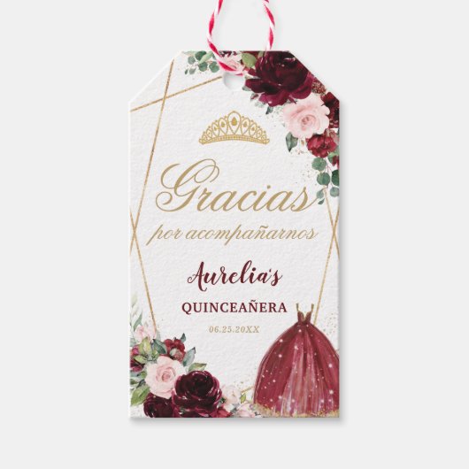 Burgundy Pink Floral Quinceanera Favor Cadeaulabel (Voorkant)