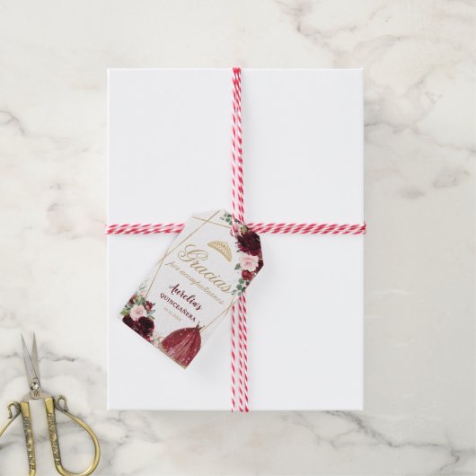 Burgundy Pink Floral Quinceanera Favor Cadeaulabel (Met Touw)