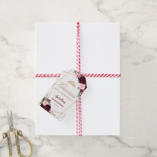 Burgundy Pink Floral Quinceanera Favor Cadeaulabel (Met Touw)