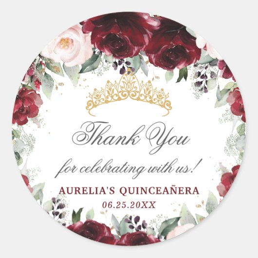 Burgundy Pink Floral Quinceanera Favor Ronde Sticker (Voorkant)