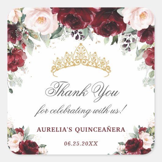 Burgundy Pink Floral Quinceanera Favor Vierkante Sticker (Voorkant)