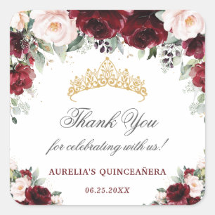 Burgundy Pink Floral Quinceanera Favor Vierkante Sticker