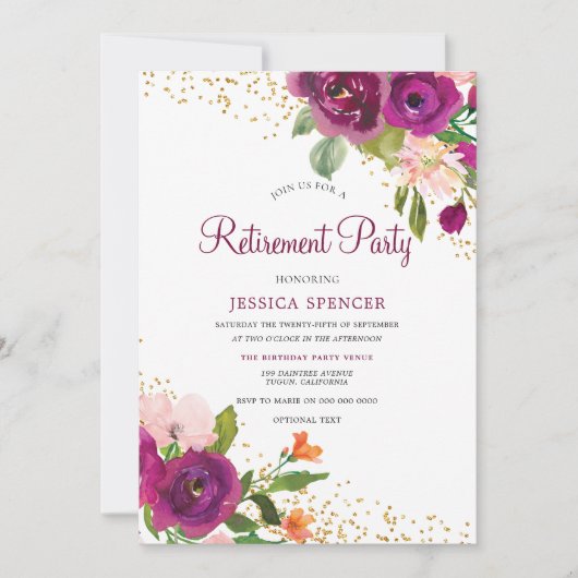 Burgundy Pink Floral Retirement Party Invite Kaart (Voorkant)