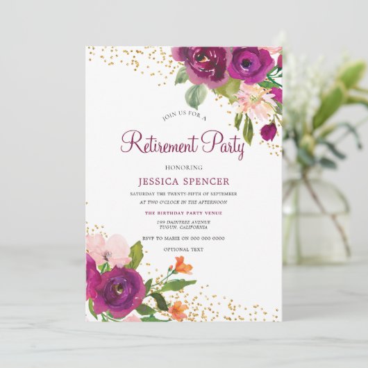 Burgundy Pink Floral Retirement Party Invite Kaart (Staand voorkant)
