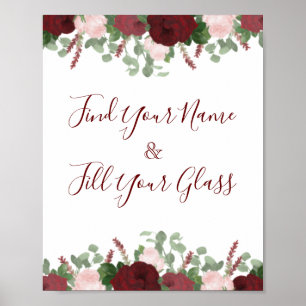 Burgundy Pink Floral Rozen Vrijgezellenfeest Decor Poster