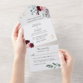 Burgundy Pink Floral Script Greenery Wedding All In One Uitnodiging (Afscheurbaar)
