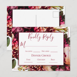 Burgundy Pink Floral Script Weduwschap RSVP Briefkaart