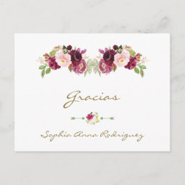 Burgundy Pink Floral Spain Baby shower Gracias Briefkaart