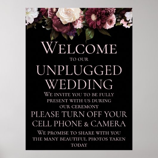 Burgundy & Pink Floral Unplugged Wedding Ceremony Poster (Voorkant)