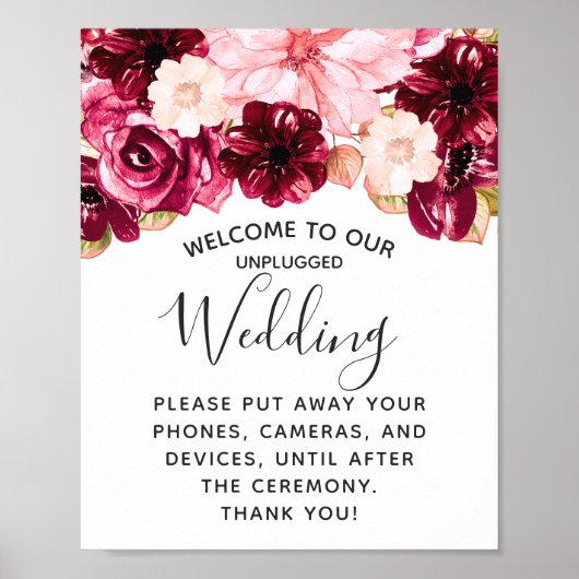 Burgundy Pink Floral Unplugged Wedding Table Sign Poster (Voorkant)