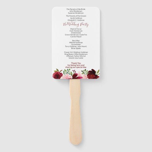 Burgundy Pink Floral Wedding Programme Hand Fan Handwaaier (Achterkant)