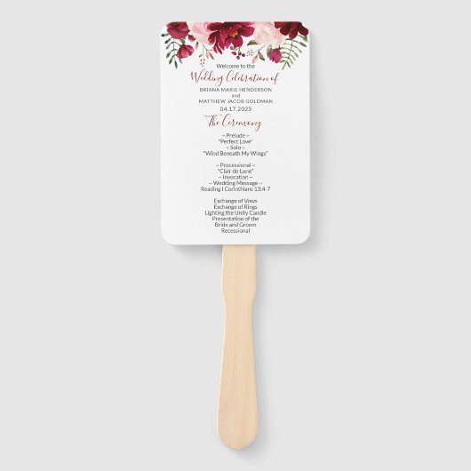 Burgundy Pink Floral Wedding Programme Hand Fan Handwaaier (Voorkant)