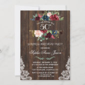 Burgundy Pink Floral Wood Lace 50th Birthday Party Kaart (Voorkant)