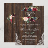 Burgundy Pink Floral Wood Lace 50th Birthday Party Kaart (Voorkant / Achterkant)