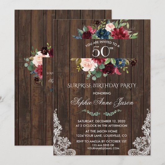 Burgundy Pink Floral Wood Lace 50th Birthday Party Kaart (Voorkant / Achterkant)