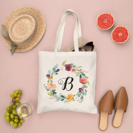 Burgundy Pink Floral Wreath Bridesmaid Initiaal Tote Bag