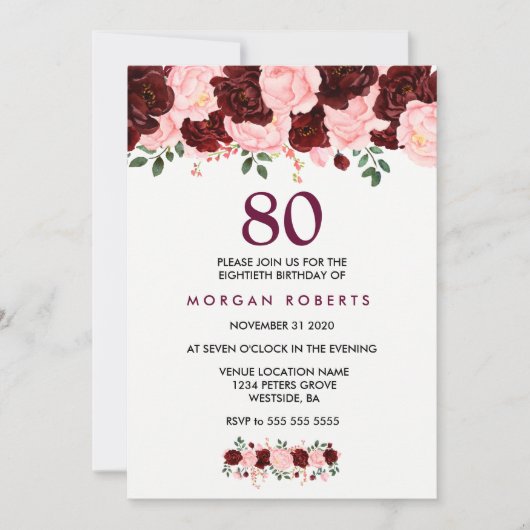Burgundy & Pink Flowers 80th Birthday Invite Kaart (Voorkant)