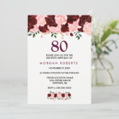 Burgundy & Pink Flowers 80th Birthday Invite Kaart (Staand voorkant)