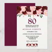 Burgundy & Pink Flowers 80th Birthday Invite Kaart (Voorkant / Achterkant)