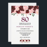 Burgundy & Pink Flowers 80th Birthday Invite Kaart<br><div class="desc">Burgundy & Pink Flowers 80th Birthday Invite Pink and Burgundy Floral Waterverf Collectie,  Pink Blush and Wine Wedding Florals,  Hand Painted Waterverf Flowers Soft Pink and Merlot</div>