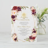 Burgundy Pink Flowers Gold First Heilige Communie Kaart (Staand voorkant)