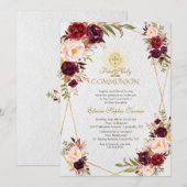 Burgundy Pink Flowers Gold First Heilige Communie Kaart (Voorkant / Achterkant)