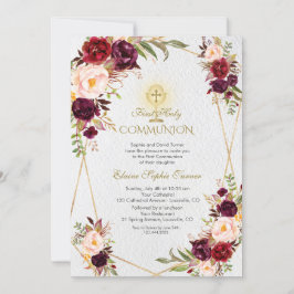 Burgundy Pink Flowers Gold First Heilige Communie Kaart