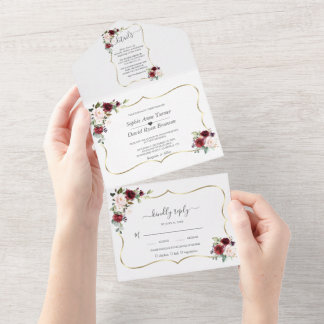 Burgundy Pink Flowers Gold Frame Wedding All In One Uitnodiging