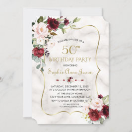 Burgundy Pink Flowers Gold Marble 50th Birthday Kaart