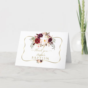 Burgundy Pink Flowers Gold White Cross Baptisme Bedankkaart